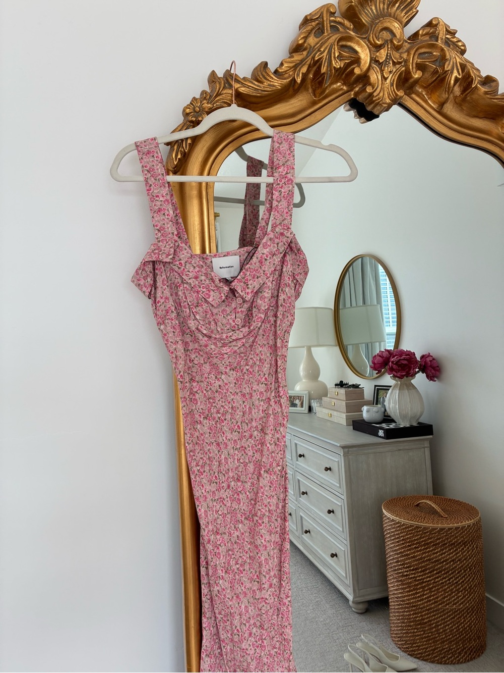 Reformation Pink Floral Midi Dress with Ruched Bodice